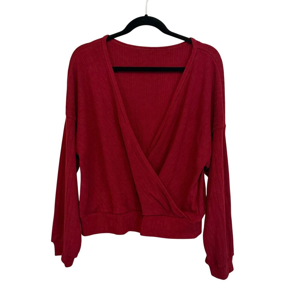 OGL Sweater Womens Large Burgundy Wrap Surplice Long Sleeve Ribbed Casual NWT